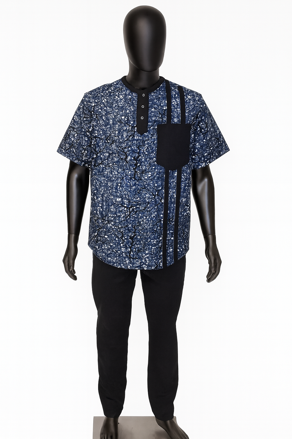 Men's Short-Sleeve Ankara Shirt -Blue & Black Print