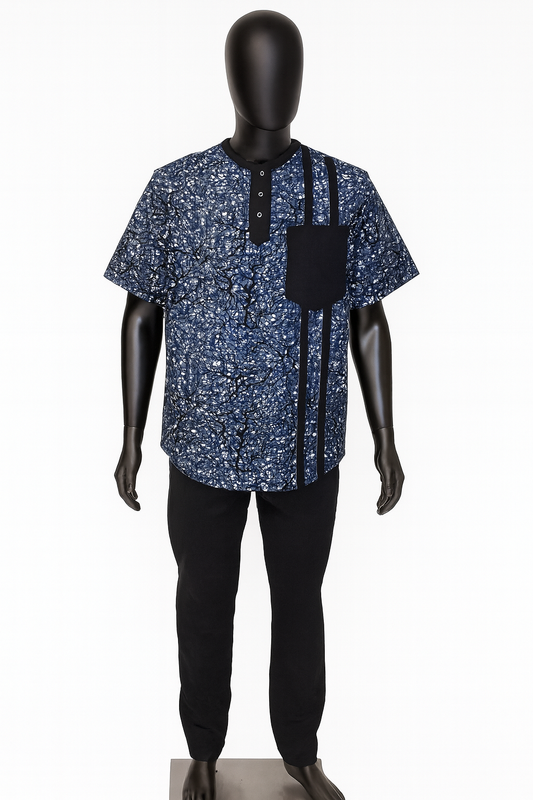 Men's Short-Sleeve Ankara Shirt -Blue & Black Print