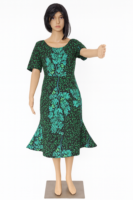 Women's Ankara Midi Dress- Green& Blue Botanical Print